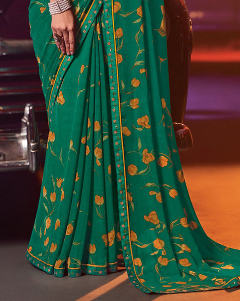 Deep Sea Green Printed Georgette Saree With Fancy Border