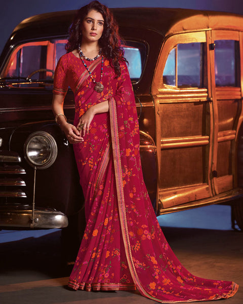 Shiraz Red Printed Georgette Saree With Fancy Border