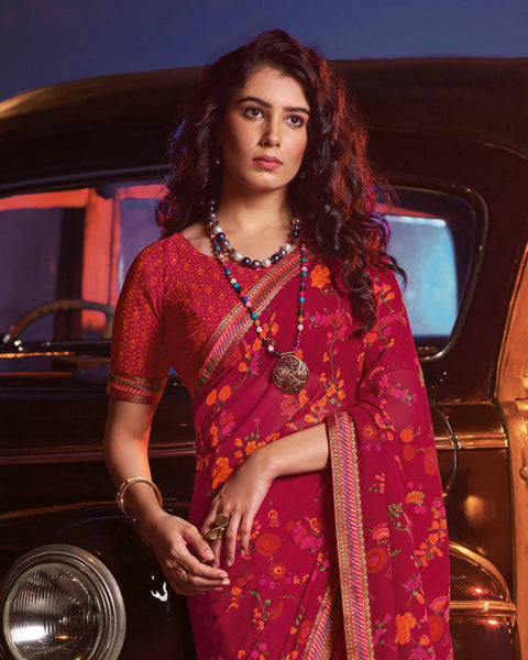 Shiraz Red Printed Georgette Saree With Fancy Border