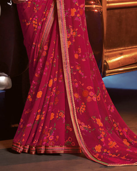 Shiraz Red Printed Georgette Saree With Fancy Border