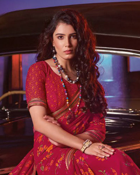 Shiraz Red Printed Georgette Saree With Fancy Border
